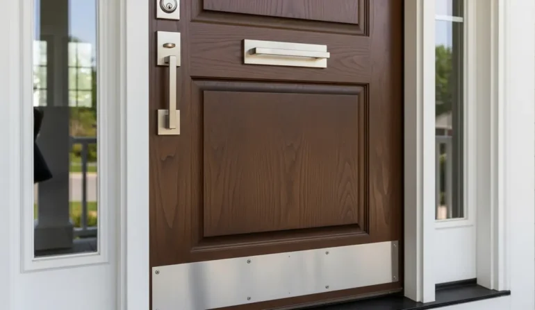 Dark brown wooden front door with two vertical glass sidelights, brushed metal handle and deadbolt, plus a rectangular mail slot above a raised panel. A wide metal kick plate covers the lower portion; exterior light reflects off the door’s surface.