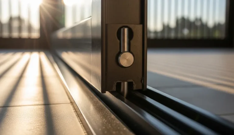 Close-up of a sliding glass door lock on the door frame with sun glare in the background as the door sits on its track.
