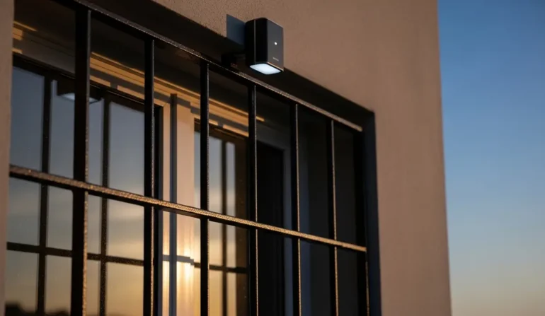 Small security light mounted above a barred window on a building at sunset.