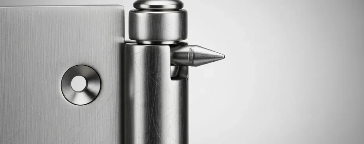 Close-up of a stainless steel door bolt with a pointed latch extending from a brushed metal strike plate.