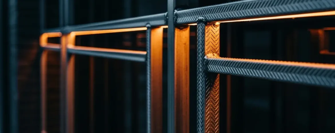 Close-up of industrial metal railing with chevron patterns, lit by warm orange light in a dark setting.