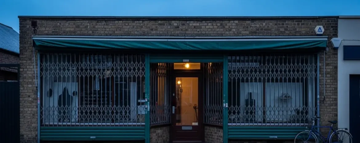 Closed storefront with metal security gates, a warmly lit doorway in the center, blue evening sky, and a bicycle parked outside left of center as a cyclist passes by nearby.