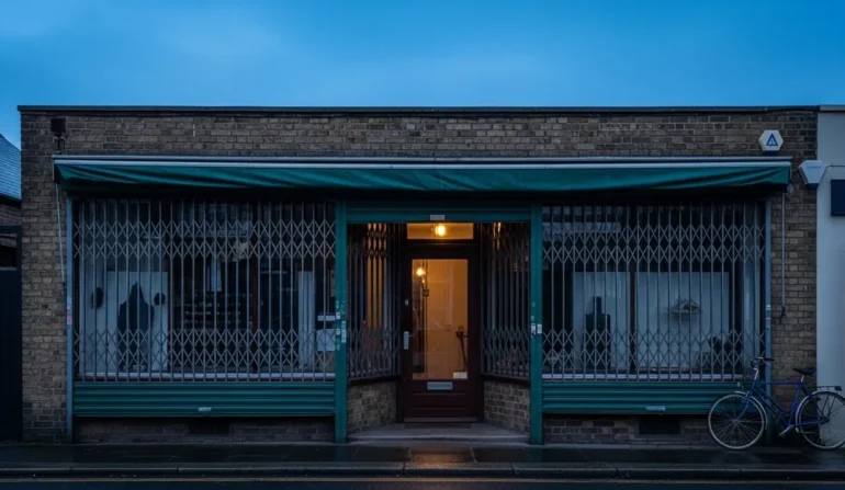 Closed storefront with metal security gates, a warmly lit doorway in the center, blue evening sky, and a bicycle parked outside left of center as a cyclist passes by nearby.