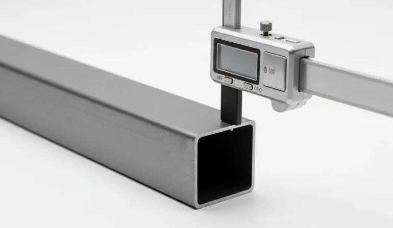 Digital caliper measuring the outer width of a square hollow metal tube (aluminum).