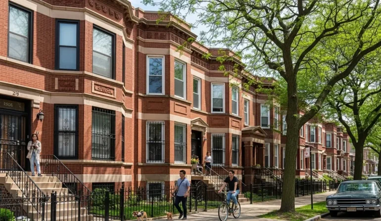Row of red-brick townhouses with iron fences and a tree-lined sidewalk, featuring pedestrians and a cyclist along the street.