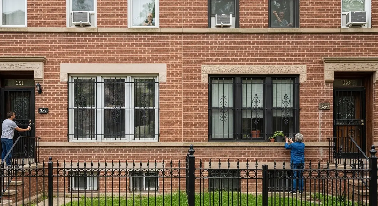 two flat brick iron fences — material quality detail